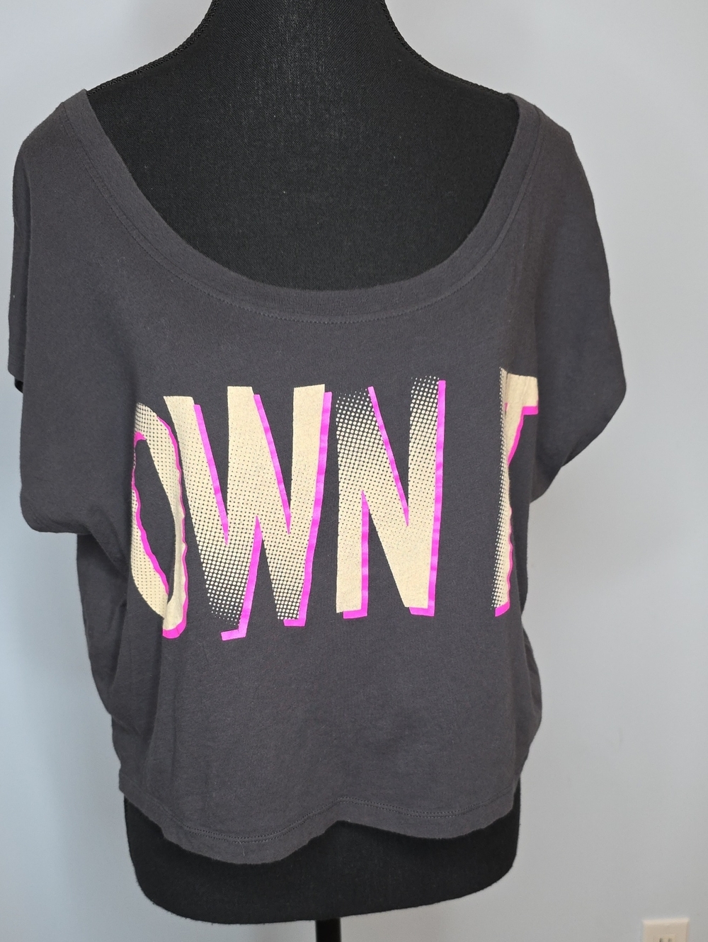 I LOVE H81 Charcoal Crop Top with Cream and Pink Graphic